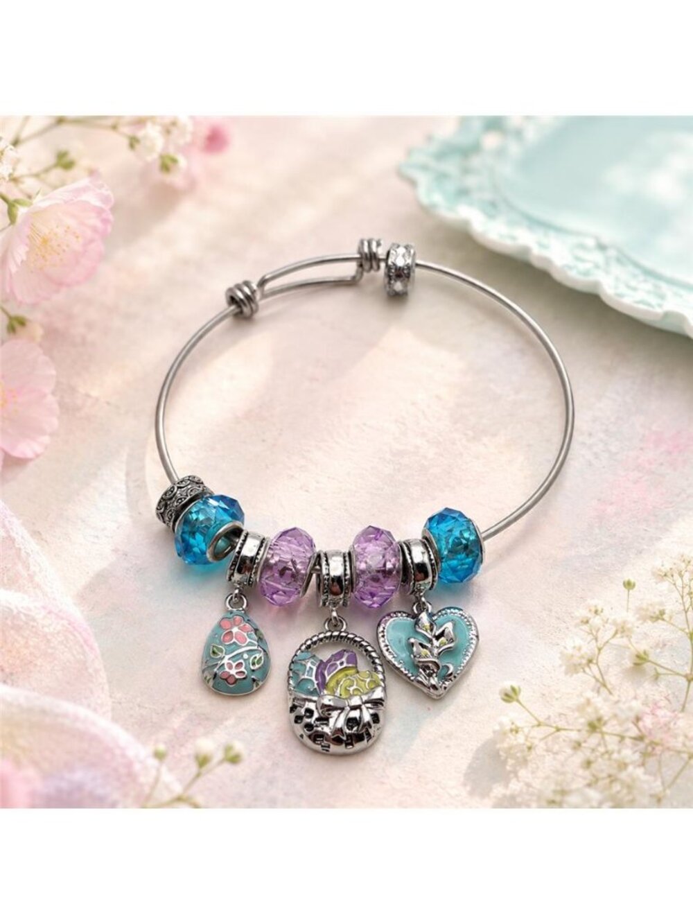 BGE Floral Garden Charm Bracelet 8" Expandable Enamel Flower Basket Beads